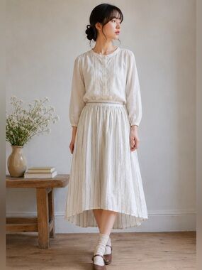 Japanese Cottagecore Hi Low Stripe Midi Skirt Elastic Waist Mori Girl